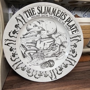 Può includere: Un piatto di ceramica bianco con un design in bianco e nero. Il piatto presenta il testo "THE SLIMMER'S PLATE" e "FIGURES SHOW CALORIES TO THE OUNCE". Il piatto ha illustrazioni di alimenti con conteggi calorici.