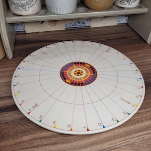 Pode incluir: Um prato de torta de cerâmica branca com um design circular colorido no centro. O design apresenta círculos concêntricos vermelhos, amarelos, azuis e verdes. O prato é marcado com números de 8 a 32, indicando frações de um todo.