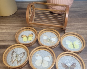 Vintage 1950s Butterfly and Bamboo Coasters,  Vintage Decor, Boho Decor