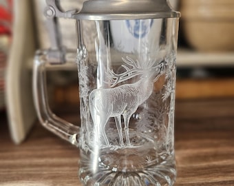 Vintage Glass Beer Stein with Etched Stag Detailing and Pewter Lid,  Beer Glass, Vintage Barware