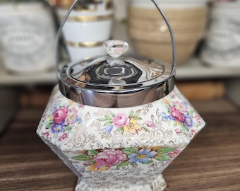 Bellissimo barattolo per biscotti vintage in chintz floreale di James Kent, modello 'Balmoral', barattolo portaoggetti vintage, cucina vintage