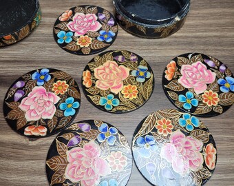 Pretty Kashmiri Paper Mache Painted Coasters, Floral Decor, Vintage Barware, Vintage Coasters