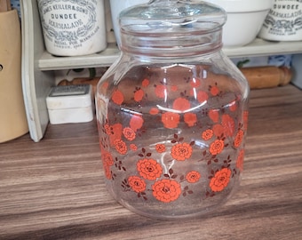 Vintage Large Glass Jar with Floral Detail, Storage Jar, Vintage Kitchen