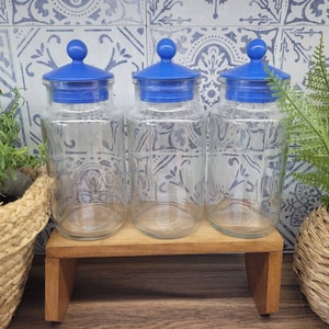 Trio Of Retro Glass Cannister Jars with Blue Lids Retro Kitchen Decor Storage