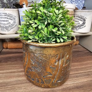 Könnte beinhalten: Ein zylindrischer Pflanztopf in Bronzefarbe mit geprägten Reliefdetails. Der Pflanztopf enthält eine leuchtend grüne, belaubte Pflanze. Der Hintergrund umfasst Vintage-Gläser und ein Holzregal, wodurch eine rustikale, antike Ästhetik entsteht.