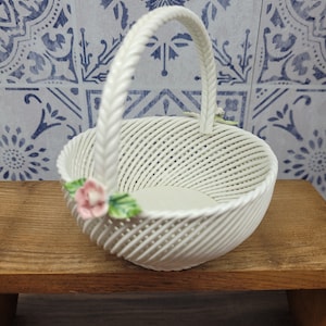 Hand Made Porcelain Open Weaved Trinket Basket Manises Spain 70&#39;s