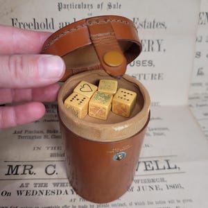 Vintage Mid Century Leather Dice Cup with Bakelite Celluloid Butterscotch Poker Dice