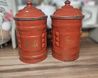 Set van 2 vintage Franse geëmailleerde voorraadpotten, Franse keuken, geëmailleerde potten