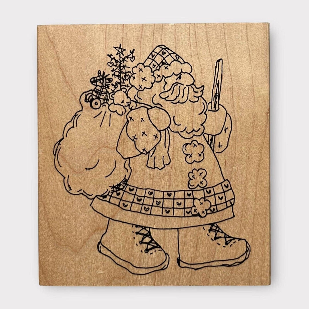 Judith Vintage 90s Retro Santa With Bag of Presents Wood &amp; Rubber Stamp ...
