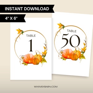 Otoño Naranja Calabaza Boda o Números de Mesa de Eventos / 4" x 6" Descarga Instantánea / DIY Boda Elegante Tarjeta de Número Imprimible / Otoño de Halloween
