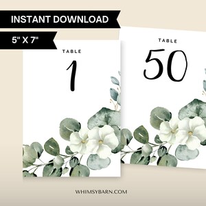 Cottagecore Eucalyptus Wedding or Event Table Numbers | 5&quot; x 7&quot; Instant Download | DIY Wedding Elegant Printable Number Cards | Floral Motif