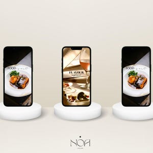May include: Three smartphones on white pedestals display food and wine images. The center phone shows a glass of wine with the text "FLAVOUR explosion." The other phones show a plate of food with the text "FOOD art."
