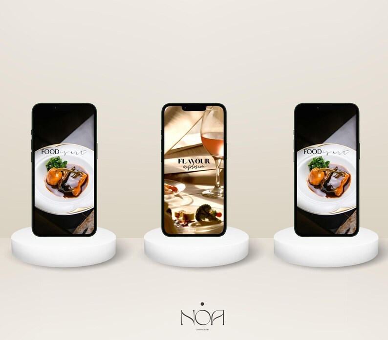 May include: Three smartphones on white pedestals display food and wine images. The center phone shows a glass of wine with the text "FLAVOUR explosion." The other phones show a plate of food with the text "FOOD art."