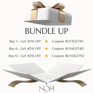 May include: A white gift box with a gold bow and ribbon sits above an open white box with gold accents. The text "BUNDLE UP" is displayed, along with discount offers and coupon codes.