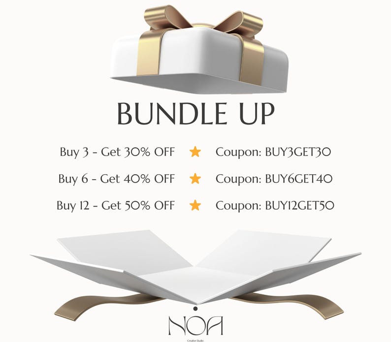 May include: A white gift box with a gold bow and ribbon sits above an open white box with gold accents. The text "BUNDLE UP" is displayed, along with discount offers and coupon codes.
