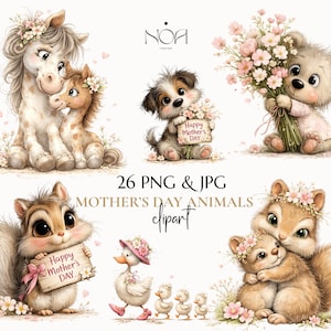 Könnte beinhalten: Aquarell-Clipart-Sammlung mit verschiedenen Tieren, darunter ein Pferd, ein Welpe, ein Bär und Eichhörnchen, alle mit floralen Akzenten. Jedes Tier hält ein Schild mit der Aufschrift "Happy Mother's Day". Der Text "26 PNG & JPG" und "Mother's Day Animals clipart" ist ebenfalls vorhanden.