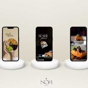 May include: Three smartphones on white pedestals display food images. One shows a fresh bowl, another sushi, and the third, a salmon dish. The word "NOA" is at the bottom. The phones are black with rounded corners.