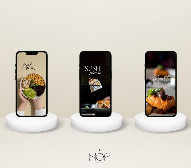 May include: Three smartphones on white pedestals display food images. One shows a fresh bowl, another sushi, and the third, a salmon dish. The word "NOA" is at the bottom. The phones are black with rounded corners.