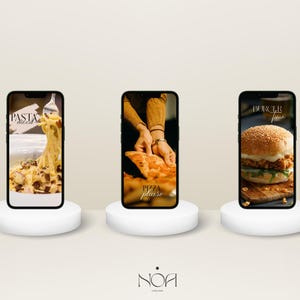 May include: Three smartphones on white pedestals showcase food photography. One displays pasta with the text "Pasta mood", another shows pizza with "Pizza please", and the last features a burger with "Burger time". The logo "NOA Creative Studio" is at the bottom.
