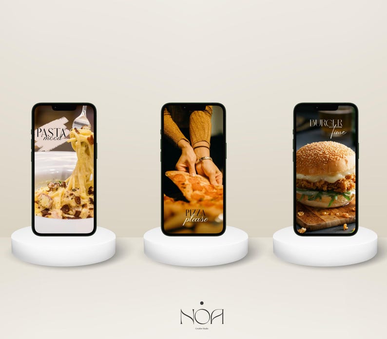 May include: Three smartphones on white pedestals showcase food photography. One displays pasta with the text "Pasta mood", another shows pizza with "Pizza please", and the last features a burger with "Burger time". The logo "NOA Creative Studio" is at the bottom.
