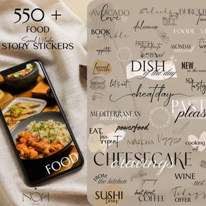 May include: A smartphone displays a food image, next to a collection of food-themed social media stickers. The stickers include phrases like "Pasta Please," "Cheesecake Cravings," and "Sushi Lover." The image is a digital product.