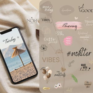 Könnte beinhalten: Ein Smartphone zeigt eine Strandszene mit einem Sonnenschirm und dem Wort "Tuesday". Daneben eine Sammlung digitaler Aufkleber mit Sätzen wie "Good Morning", "#nofilter" und "Love these moments" sowie Blumen- und Ballon-Grafiken.