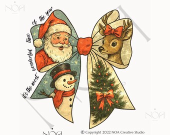 Imágenes PNG navideñas vintage de Papá Noel, muñeco de nieve y renos (descarga digital)