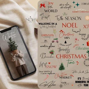 May include: A smartphone screen shows "Winter Vibes" and a person holding a small Christmas tree. Next to it, a collection of Christmas-themed text graphics in red and black, including "Noel," "Christmas," and "Joy to the World."