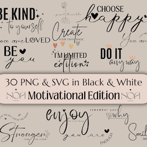 30 citazioni motivazionali in formato SVG e PNG, pacchetto minimalista in bianco e nero per magliette motivazionali, clipart di affermazioni positive
