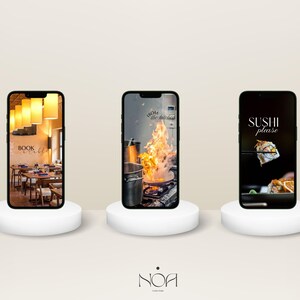 May include: Three smartphones on white pedestals. The first displays a restaurant interior with the text "BOOK a TABLE". The second shows a kitchen scene with flames and the text "from the kitchen". The third shows sushi with the text "SUSHI please".