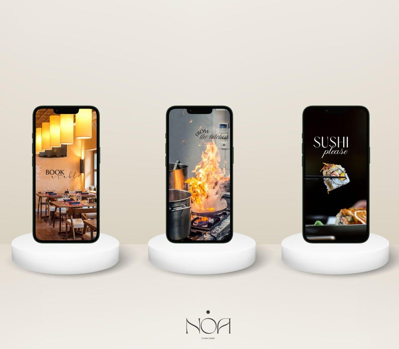 May include: Three smartphones on white pedestals. The first displays a restaurant interior with the text "BOOK a TABLE". The second shows a kitchen scene with flames and the text "from the kitchen". The third shows sushi with the text "SUSHI please".