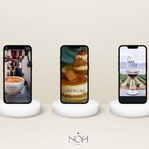 May include: Three smartphones on white pedestals display images of coffee, cheesecake, and wine. The coffee image shows a cup with "Coffee o'clock" text. The cheesecake image has "Cheesecake club" text. The wine image has "It's wine o'clock" text.