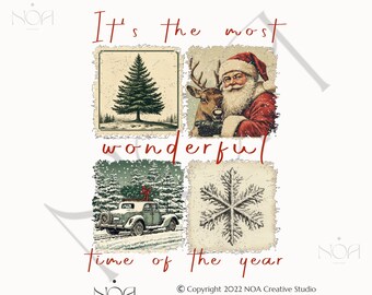 Imagen PNG de Papá Noel navideño vintage, muñeco de nieve retro, reno y árbol (descarga digital)