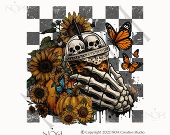Skeleton Coffee PNG Fall Halloween Clipart, Pumpkin Spice Latte Sublimation, Spooky Sunflowers Grunge Checkered Mug PNG Digital