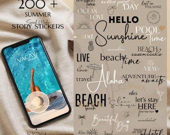 200+ Summer & Vacation Instagram Story Stickers Pack, Minimalist Aesthetic Travel, Beach, Holiday Digital Clipart for Canva