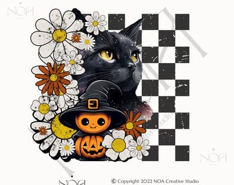 PNG de gato negro floral bohemio, PNG de gato negro de Halloween, PNG de gato espeluznante de moda, PNG de gato fantasma floral de otoño, PNG de calabaza de otoño, PNG de temporada espeluznante
