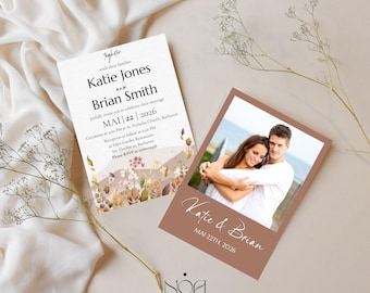 May include: Two wedding invitation cards. One card features the names Katie Jones and Brian Smith, with event details and floral accents. The other card is a photo of a couple with the names Katie & Brian and the date May 22nd, 2026.