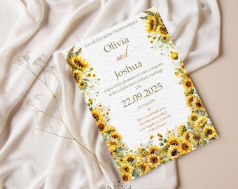 以下が含まれることがあります： ひまわりの花柄が特徴の結婚式の招待状。招待状には、OliviaとJoshuaの名前、日付22.09.2025、場所The Grand Ballroom（ロサンゼルス、カリフォルニア）が記載されています。招待状は白い背景にあります。