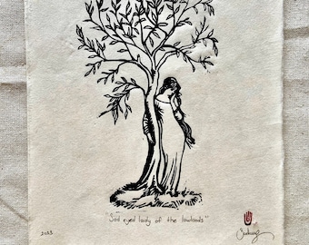 Impression linogravure originale faite main / « Dame des plaines aux yeux tristes »