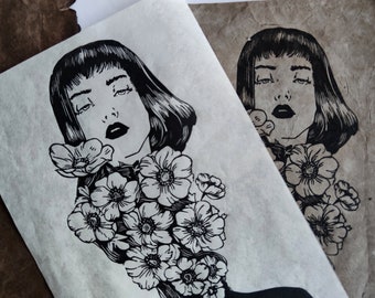 Original Linocut Print / Flowers of Persephone