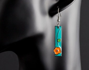 Turquoise & Orange Enamel Flower Drop Earrings with stainless steel ear wires