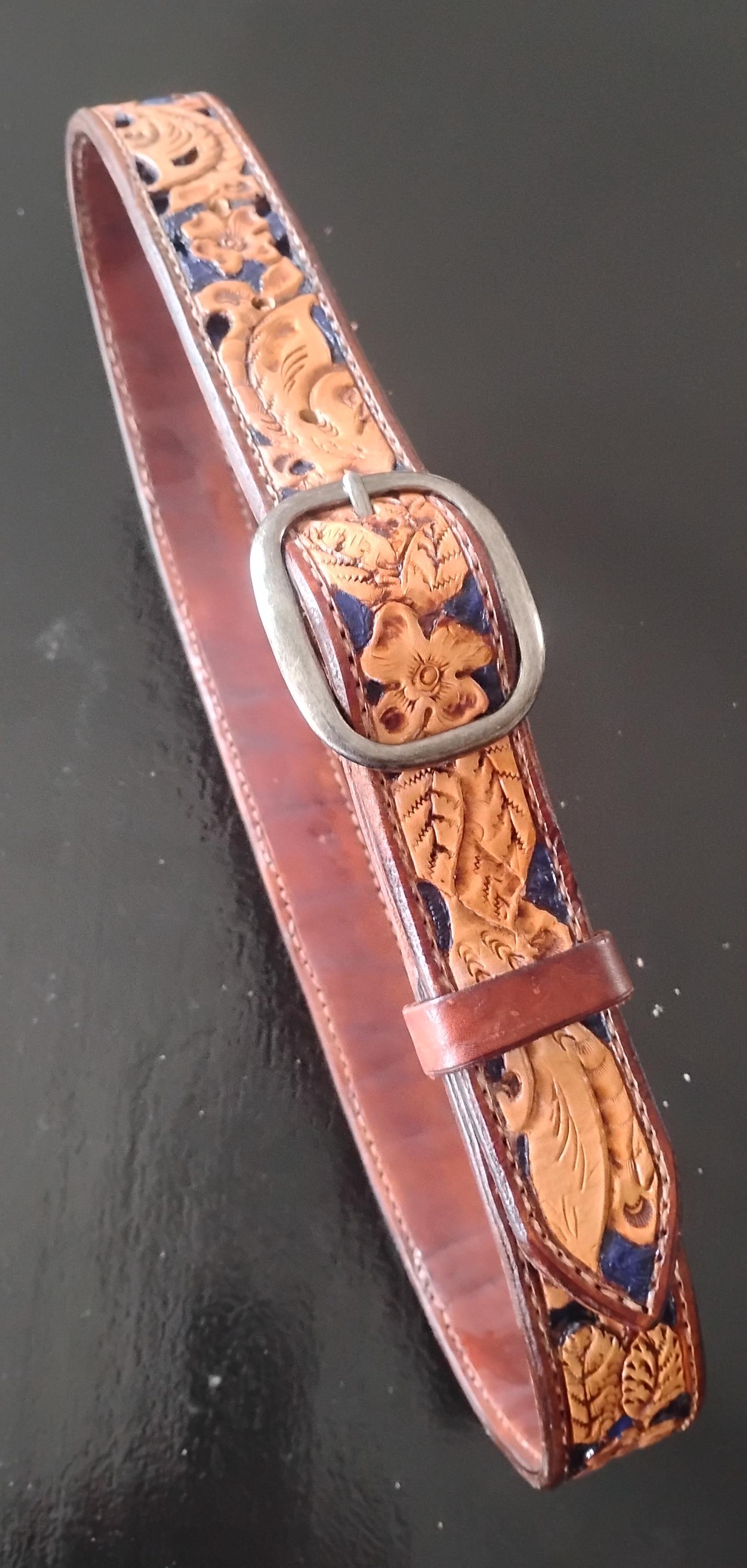Hand tooled filigree leather belt size 38.5 Floral Filigree Leather Belt: Hand Tooled Western Wear, Made  main image 2