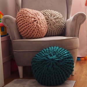 Knitted pouf for baby room, Decorative cushion ottoman for living room, Country home pillow seating image 2
