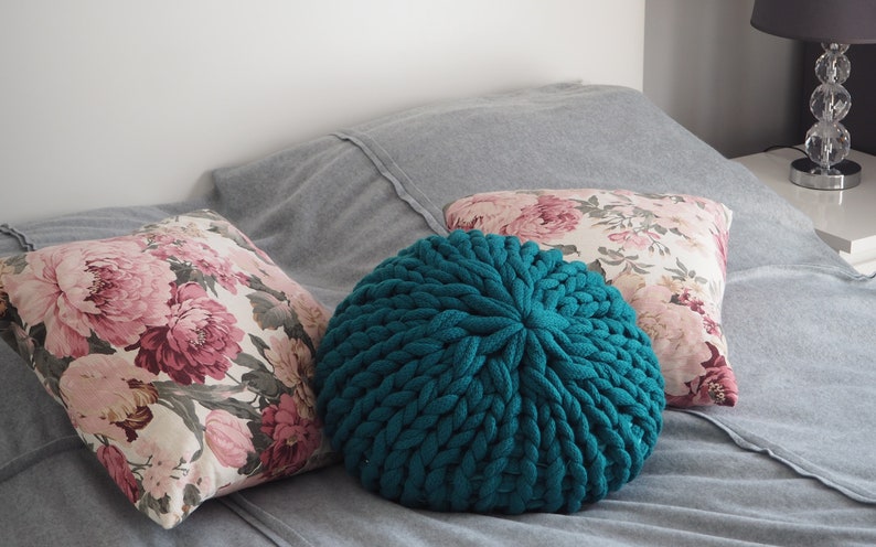 Knitted pouf for baby room, Decorative cushion ottoman for living room, Country home pillow seating image 3