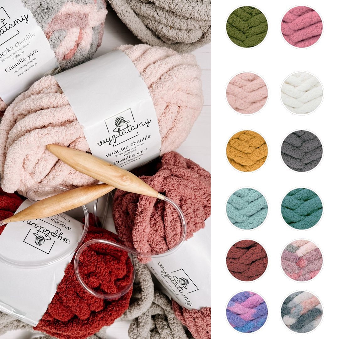 Chenillique XL Super Bulky Chenille Yarn - 100g Skein (87 Yds) For Amigurumi & Plushies, Includes Safety Eyes
