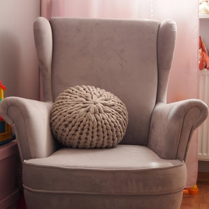 Knitted pouf for baby room, Decorative cushion ottoman for living room, Country home pillow seating image 1