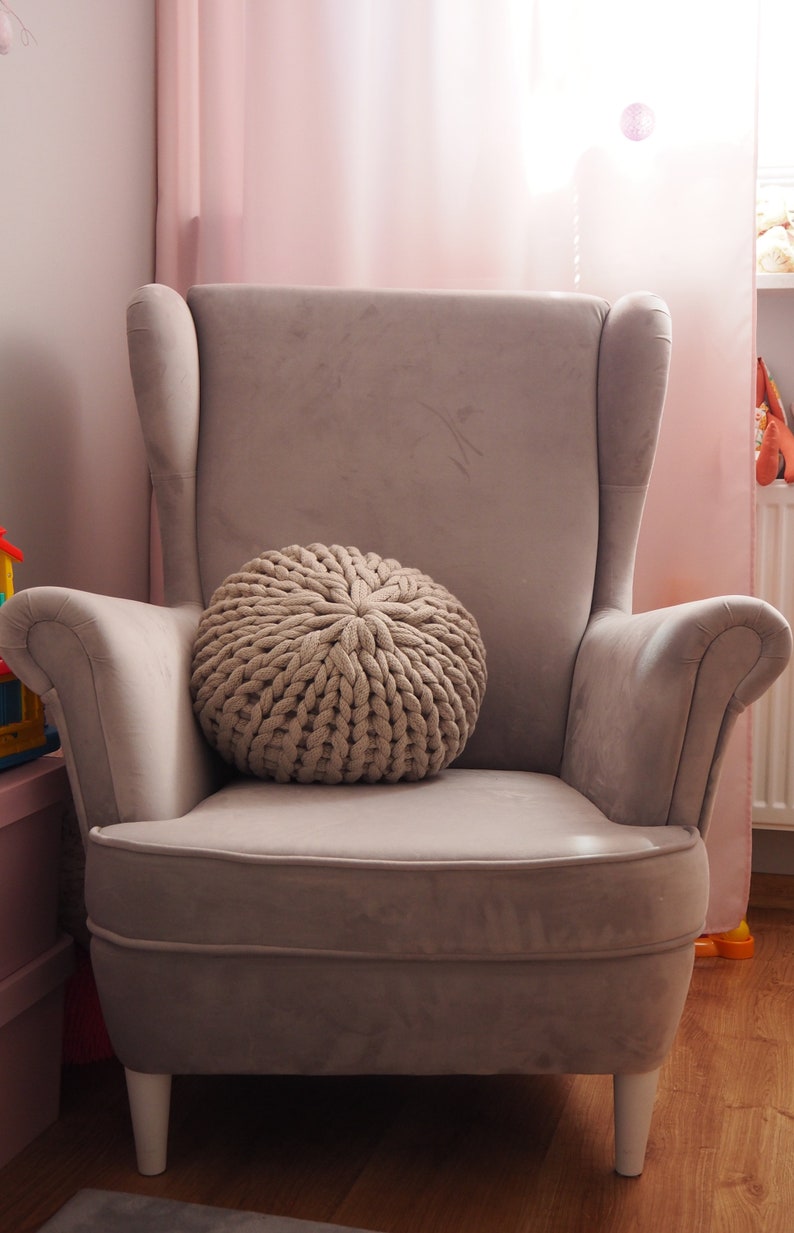 Knitted pouf for baby room, Decorative cushion ottoman for living room, Country home pillow seating image 1