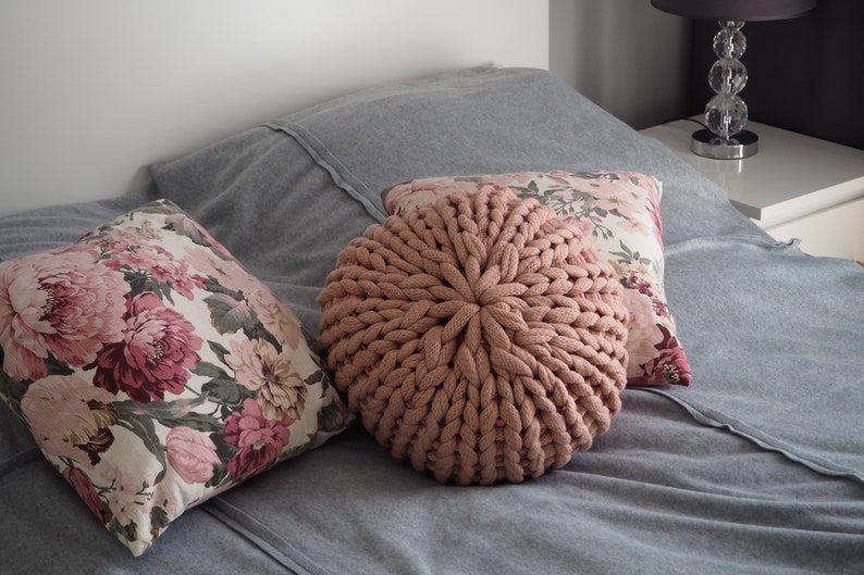 Knitted pouf for baby room, Decorative cushion ottoman for living room, Country home pillow seating image 4