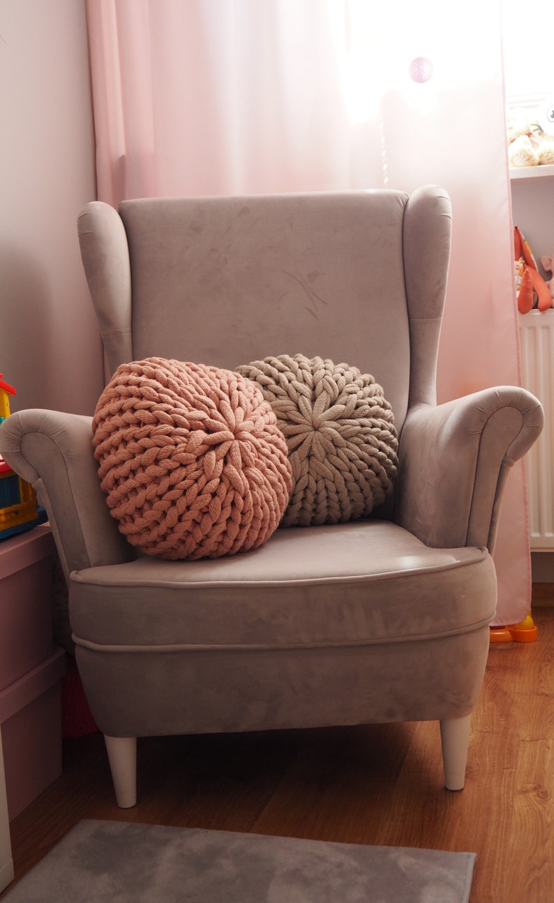 Knitted pouf for baby room, Decorative cushion ottoman for living room, Country home pillow seating image 6