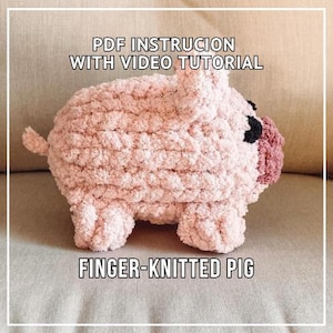 May include: A finger-knitted pig in shades of pink, with black eyes and a darker pink snout. The image includes the text "PDF Instruction with Video Tutorial" and "Finger-Knitted Pig". The pig is made of a soft, textured material.